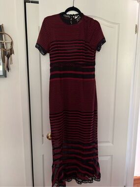 foxiedox Red and Black Striped Lace-Trim Maxi Dress